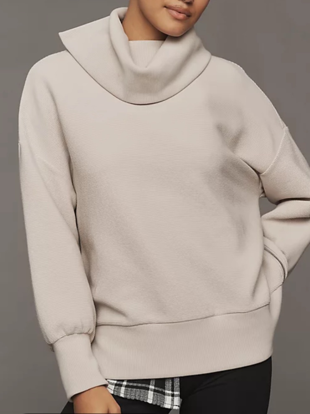 Varley Ribbed Pullover Hoodie in Taupe & White